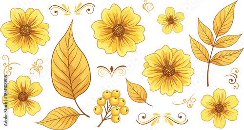 Hand drawn autumn floral set featuring yellow cosmos flowers golden leaves berries and decorative swirls for Thanksgiving and harvest celebration design