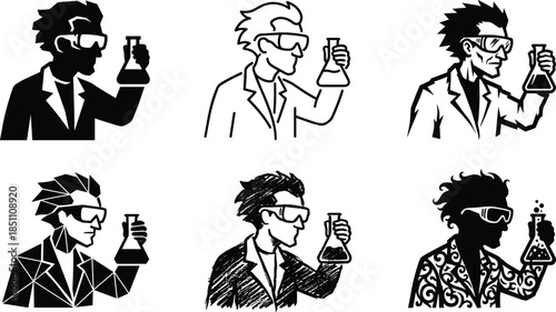 Scientist holding flask illustration set, lab coat styles, cad drawing flat vector artwork