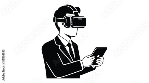 A businessman wearing a vr headset and holding a tablet a modern tech silhouette