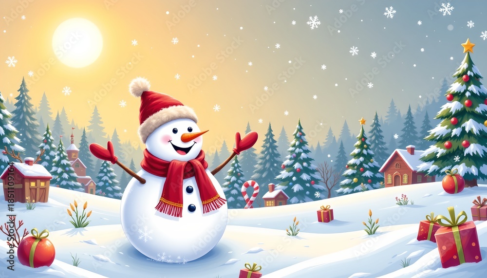 Fototapeta premium Joyful Snowman Amid Festive Winter