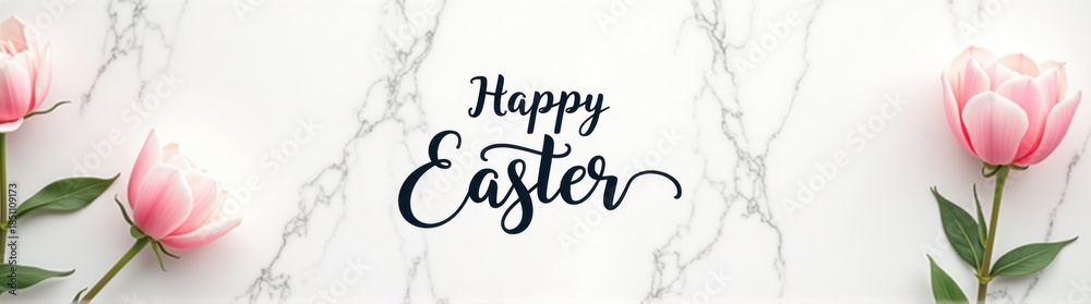 Fototapeta premium Three pink flowers on a marble surface with a happy easter message