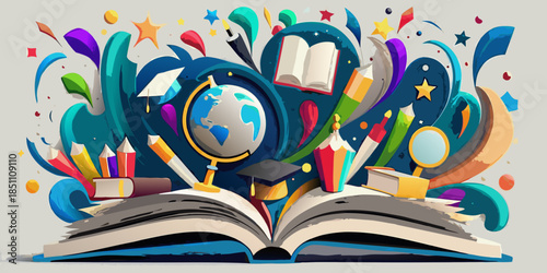 An explosion of learning books globe and school supplies illustrate education