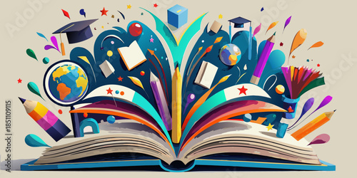 An explosion of learning books globes and graduation caps burst forth