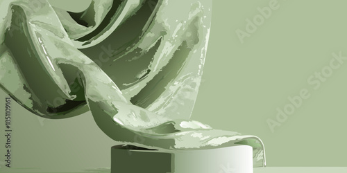 A softly draped sage green fabric cascading over a white cylindrical form
