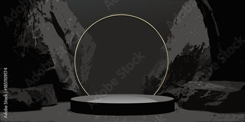 A dark mysterious stage with a glowing archway and pedestal