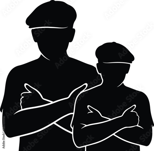 Silhouette Father And Son Giving Thumbs Up Gesture Black White Vector Illustration