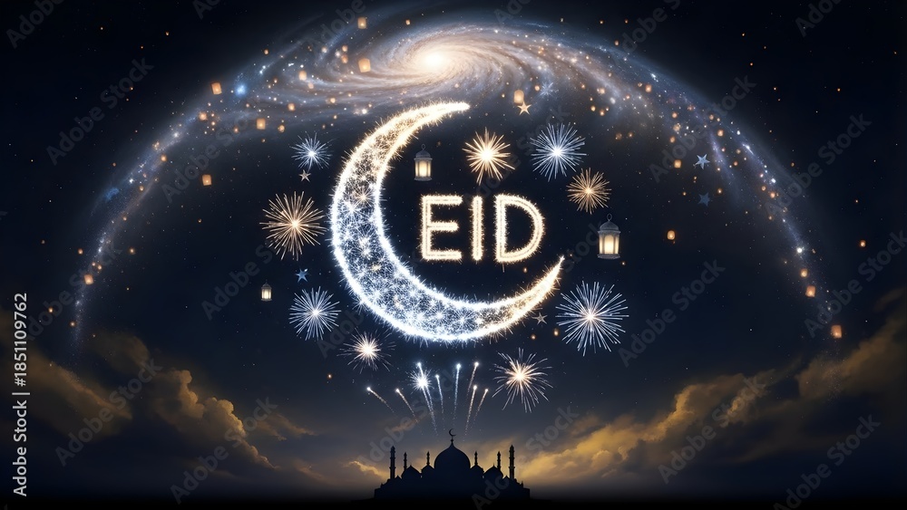 Naklejka premium Eid Mubarak greeting concept with glowing crescent moon, hanging lanterns and mosque silhouette in starry sky