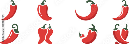Red chili pepper icon set in different shapes, spicy food ingredient symbols, flat vector illustration isolated on white