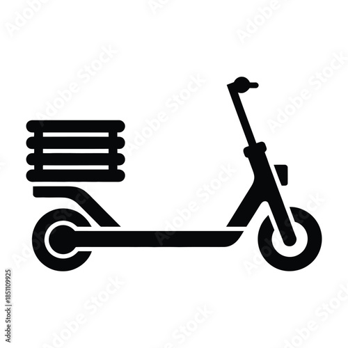 Black icon of electric scooter with delivery box isolated on