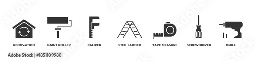 Renovation Toolkit Icons set vector illustration glyph with Renovation, Paint roller, Caliper, Step ladder, Tape measure, Screwdriver, Drill