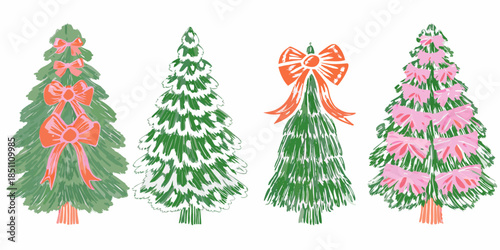 Festive christmas trees with colorful bows a hand drawn holiday illustration