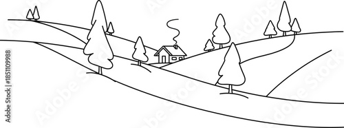 Simple black and white line art drawing of a cozy cabin nestled among rolling hills and pine trees in the wilderness