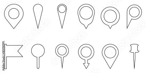 Set of outline location pin map pointer and flag icons for geographic navigation and marker design