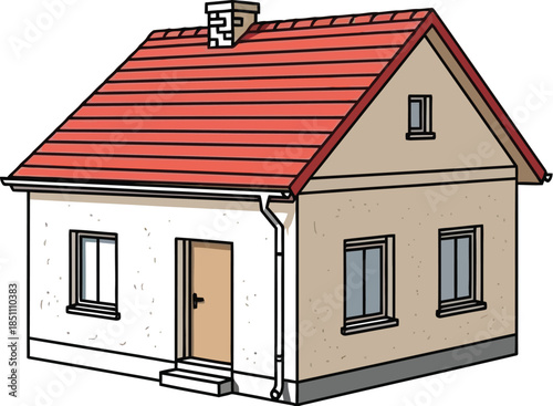 Simple detached house illustration with red tiled roof and beige stucco walls isolated on white background