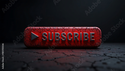 High-tech 3D subscribe graphic with luminescent red glow and atmospheric shadows on fractured rock.