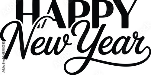 A stylish Happy New Year greeting combines bold uppercase and flowing script fonts