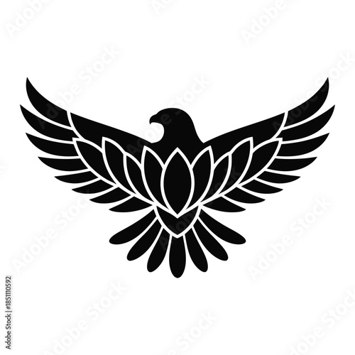 Black silhouette of an eagle with lotus flower body isolated on