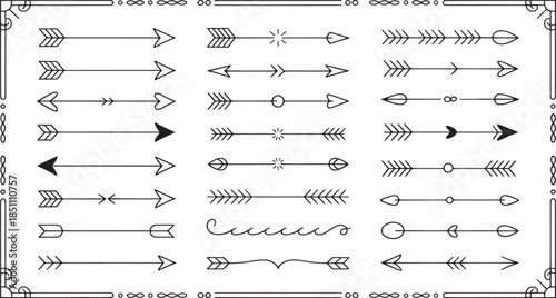 Hand Drawn Decorative Horizontal Line Dividers Set | Minimal Doodle Borders, Arrows & Geometric Line Art Elements