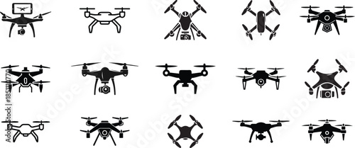 Black and white vector icons of tram drone container ship convertible car and tanker truck transportation symbols collection