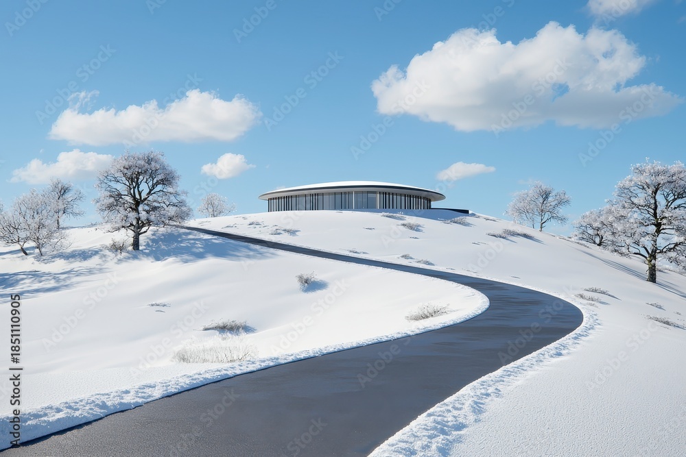 Obraz premium Modern Circular House on Snowy Hilltop with Winding Driveway