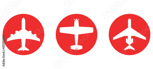 White airplane icons in red circles representing diverse aircraft like jets and propeller planes