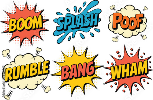 Comic sound effects illustration set, boom splash bang wham poof rumble, pop art explosions, vintage comic style design