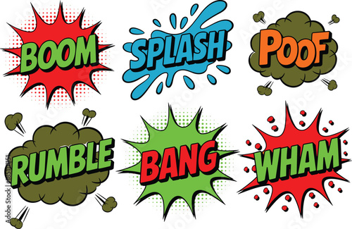 Comic sound effects illustration set, boom splash bang wham poof rumble, pop art explosions, vintage comic style design
