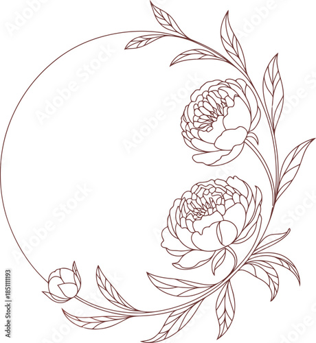 Elegant circular brown outline frame decorated with blooming peony flowers and delicate leaves