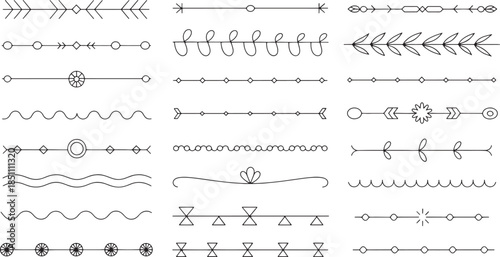 Hand Drawn Horizontal Decorative Lines Set with Doodle Arrows, Hearts, Borders and Sketch Dividers for Design Use