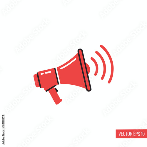 A red megaphone icon emitting sound waves, vector illustration on white background