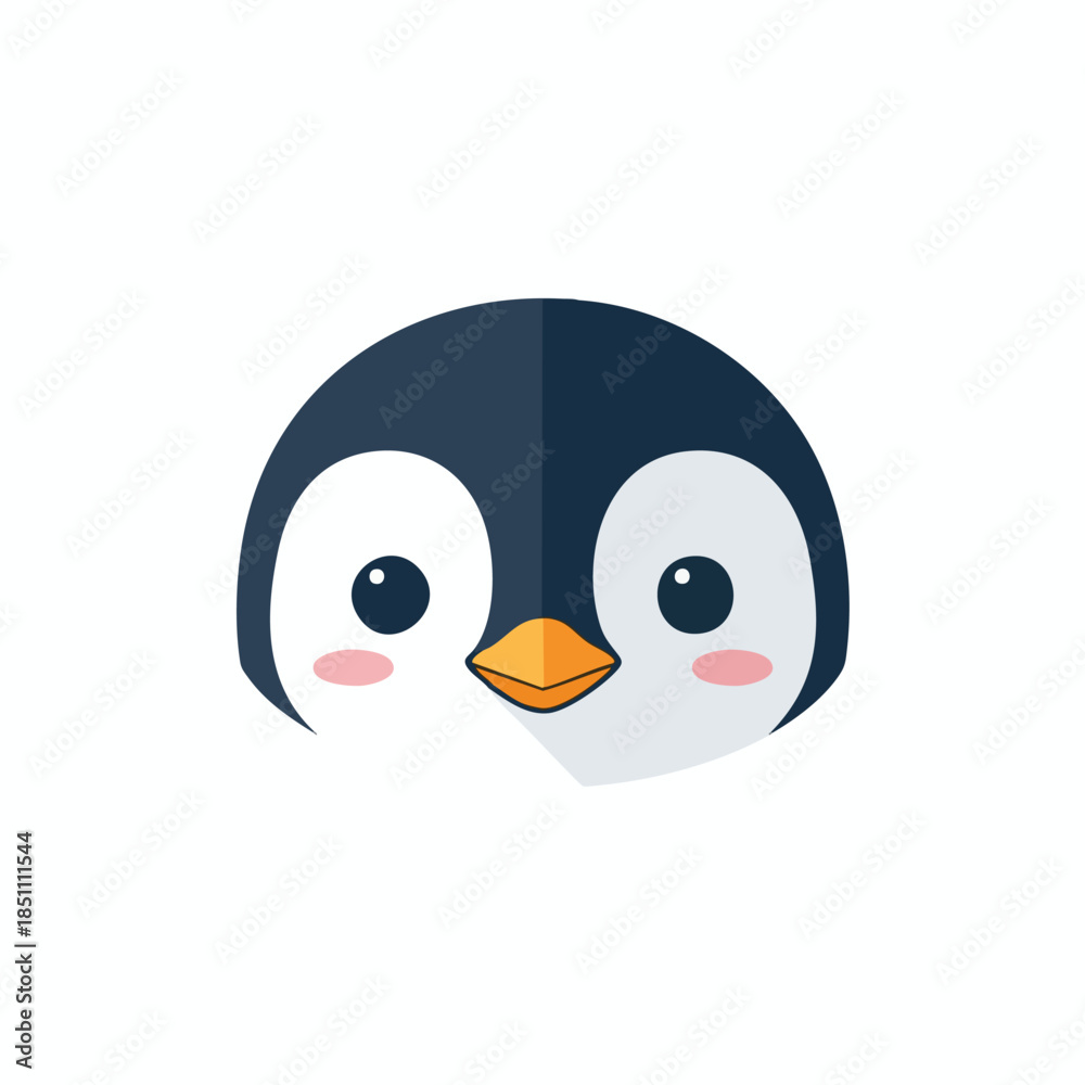 Fototapeta premium A cute, simple penguin face with dark blue head, white cheeks and a yellow beak