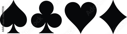 Four black card suit symbols spades clubs hearts and diamonds are arranged in a row