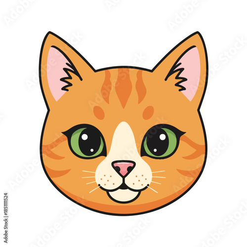 Smiling, cartoon cat face, orange fur with stripes, green eyes, pink nose and ears