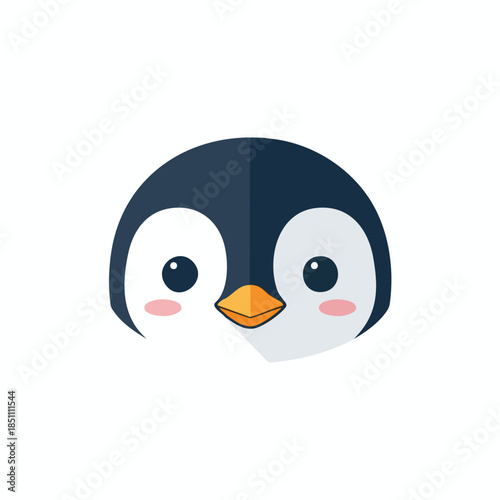 A cute, simple penguin face with dark blue head, white cheeks and a yellow beak