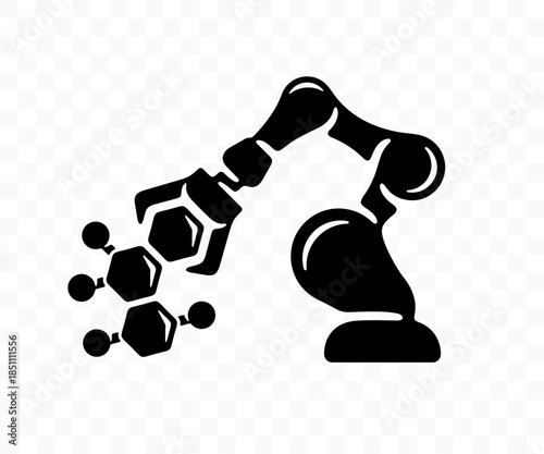 Robotic arm, robot manipulator, molecular and chemical structure, graphic design. Industrial and mechanical arm, molecules and atomic model, vector design and illustration
