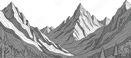 Stylized black and white mountain range illustration with detailed ridgelines and a light blue sky background