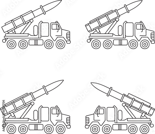 Set of Missile launcher truck Outline vector illustration isolated On Transparent Background