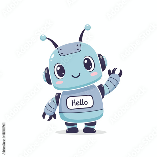 Cute blue robot with antennas, eyes, a friendly expression and "Hello