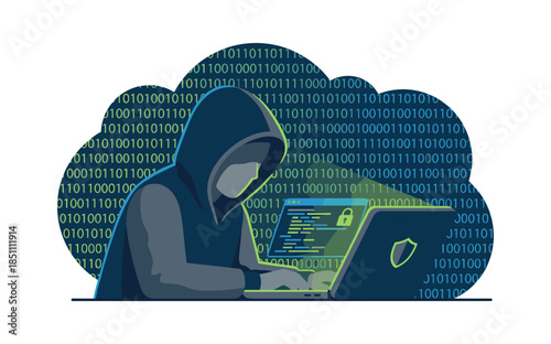 Hacker accessing data, performing cybercrime on laptop