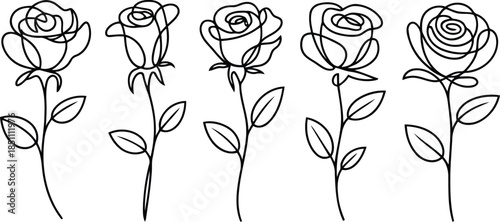 Minimalist continuous line drawing set displays five delicate rose flowers with stems and leaves