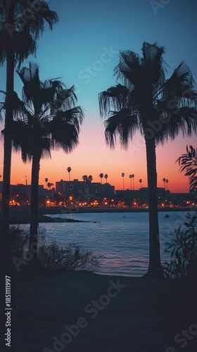 Serene Sunset Over Waterfront with Silhouette of Palm Trees