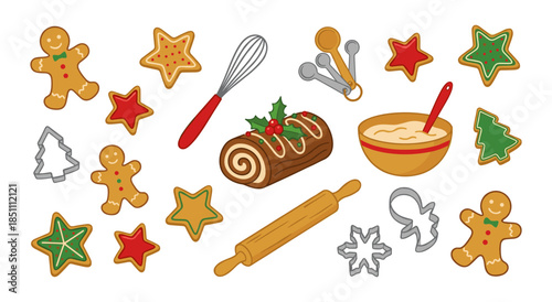 Holiday baking ingredients and desserts with gingerbread man cookies