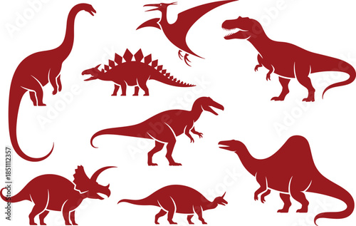 Dinosaur silhouette icon set with tyrannosaurus stegosaurus and flying reptiles, prehistoric animal collection in black vector style