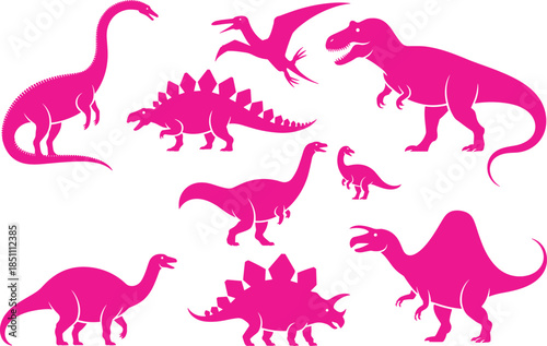 Dinosaur silhouette icon set with tyrannosaurus stegosaurus and flying reptiles, prehistoric animal collection in black vector style