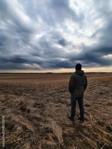 Solitary Figure Gazing at Expansive Sky Over Open Fields