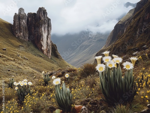 Scenic Mountain Landscape with Wild Flowers in Peruvian Highlands