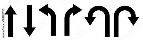 U Turn Left and Right Black Arrow Sign Direction Icon Set. Direction icon set. Go straight, this way, one way only U turn, left and right arrow.