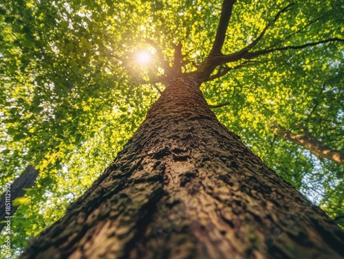 Majestic Tree Trunk with Sunlight Streaming Through Green Leaves