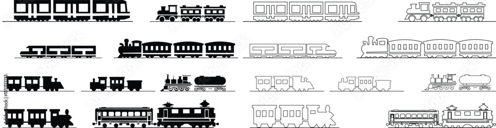 Naklejka premium Black train icon set in flat and line style railway locomotive and freight transport silhouette collection featuring passenger and cargo rail graphic group, minimal monochrome vector illustration pack