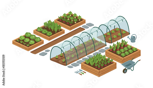 Isometric vegetable garden with raised beds and greenhouses